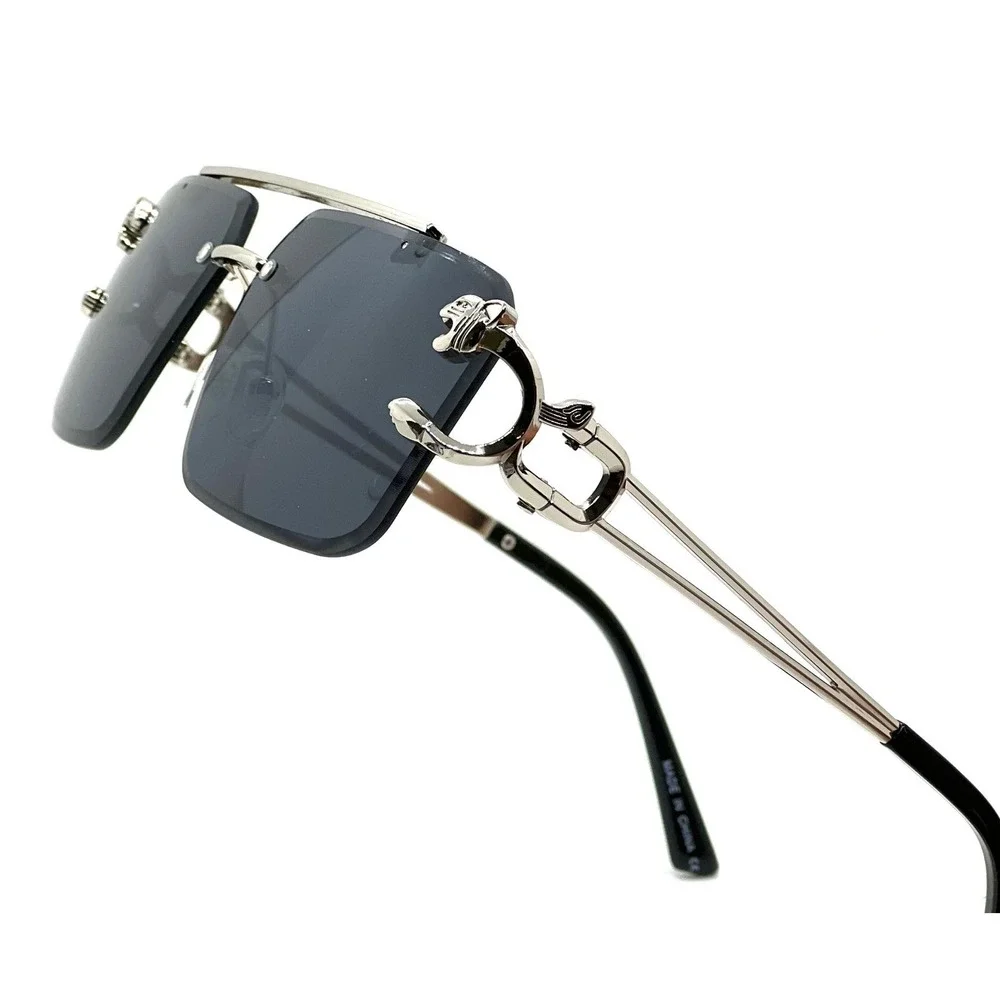 Rimless Rectangle Women Sunglasses Silver‎ Frame Fashion Tinted Dark Black Lens